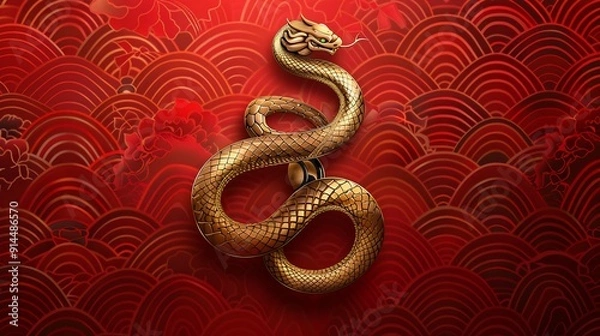 Obraz Golden Snake on Red Chinese Pattern Background
