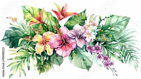 Obraz Watercolor of tropical spring floral green leaves and flowers, isolated on white background. AI Generated