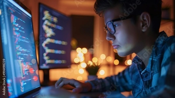 Obraz Teenager coding on a laptop in a home office ambient. AI Generated