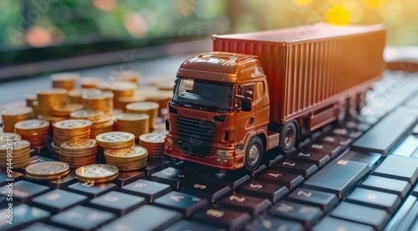 Fototapeta Miniature truck and cargo on computer keyboard with stacked coins, online trading and global logistics concept. AI Generated
