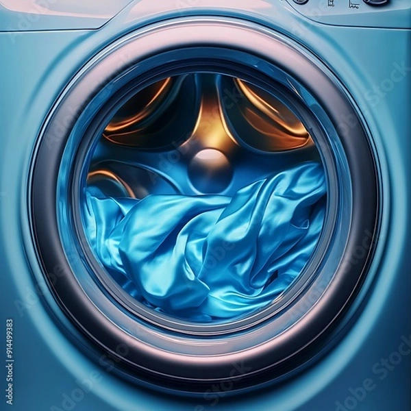 Fototapeta Realistic Soft Color Washing Machine with Blue Clothes Inside v 6