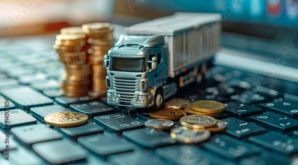 Obraz Miniature truck and cargo on computer keyboard with stacked coins, online trading and global logistics concept. AI Generated