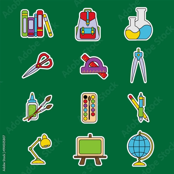 Fototapeta Vector illustrations of children school elements in color and outline styles. Includes books, backpacks, scissors, glue, compasses, and more. Ideal for educational materials and back-to-school designs