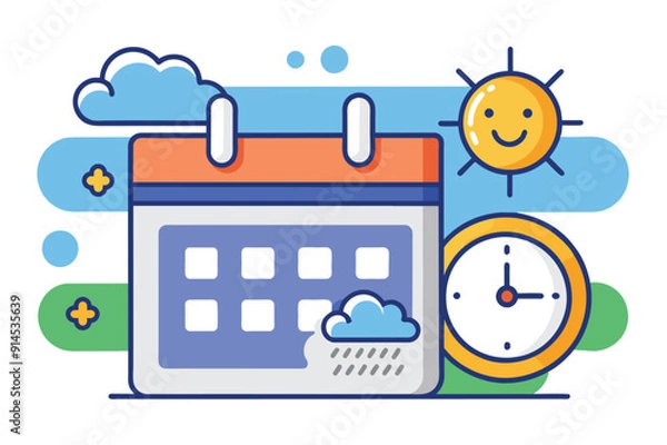 Fototapeta A white background showcases a clock, calendar, and sun, illustrating editable icons for time, date, and weather.