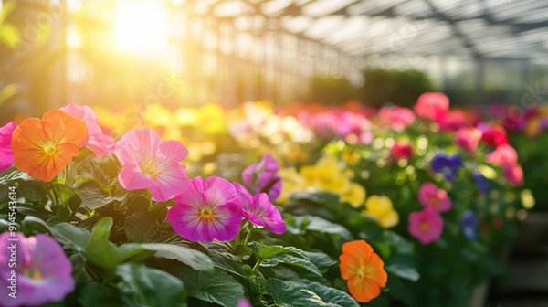 Fototapeta Beautifully colored flowers in a greenhouse, illuminated by warm sunlight, creating a lush and vibrant scene full of life, ideal for gardening and nature themes.