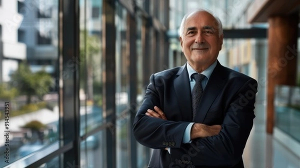 Fototapeta Portrait of successful senior businessman consultant folding arms looking at camera and smiling inside modern office building