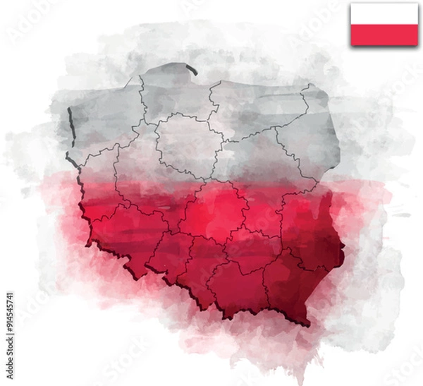 Fototapeta POLAND MAP WITH ADMINISTRATIVE DIVISIONS AND PROVINCES WITH FLAG WATERCOLOR STYLE