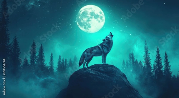 Fototapeta A majestic wolf stands on a high rock, howling at a large, glowing full moon which illuminates the surrounding dense, dark forest, symbolizing wild power and mystery.