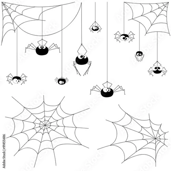 Fototapeta Set vector spiders and webs isolated on white background