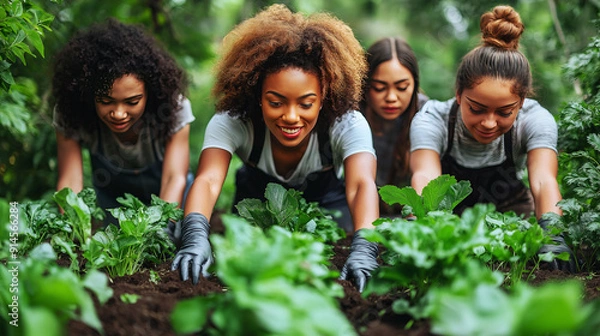 Fototapeta Group of diverse individuals working together to cultivate plants, symbolizing community farming and cooperative agricultural practices