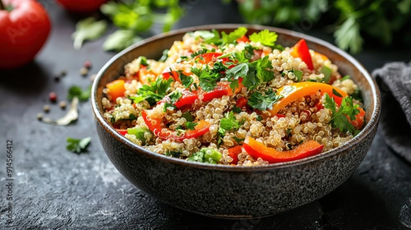 Obraz A bowl of healthy quinoa salad featuring various colorful vegetables such as red bell peppers, cucumbers, and parsley, placed on a dark surface with fresh herbs.