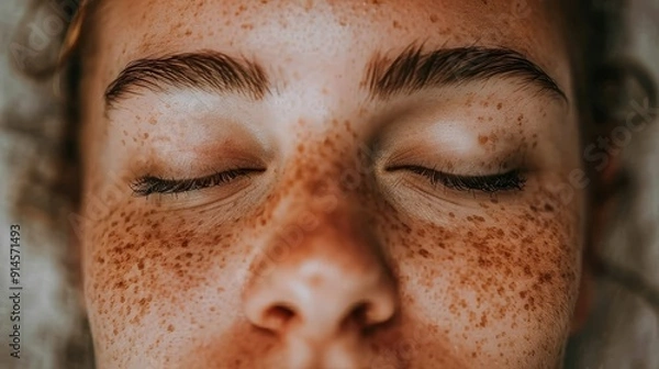 Obraz Close Up, Peaceful Face of Young With Freckles and Closed Eyes, Relaxing, Skincare and Beauty