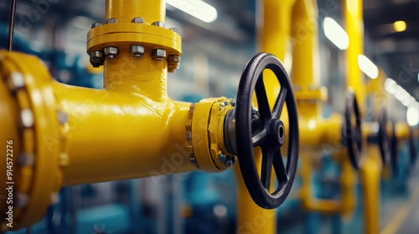 Obraz This image highlights an industrial yellow pipe fitted with a black valve and bolts against a backdrop of multiple pipes, illustrating control and regulation in engineering.