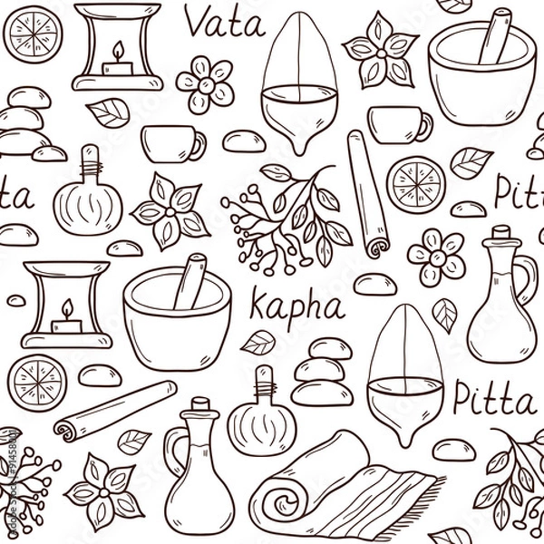 Fototapeta Seamless background with cartoon ayurvedic objects in hand drawn