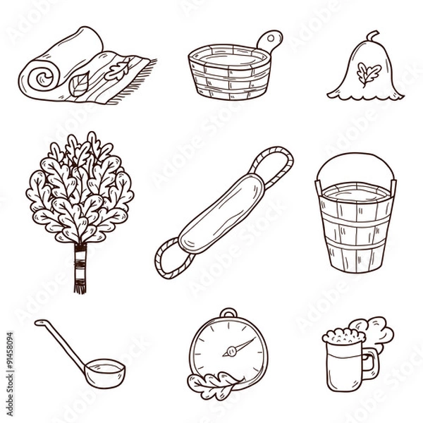 Fototapeta Set of hand drawn sauna icons: broom, towel, hat, wisp, beer
