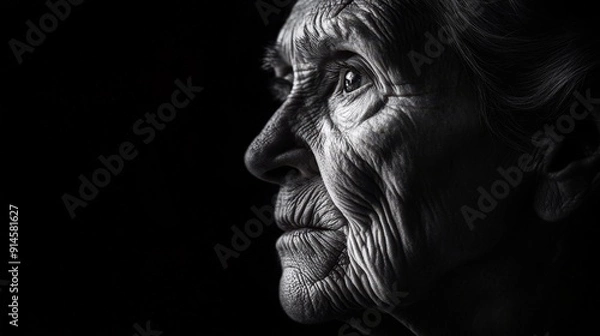 Fototapeta High-Contrast Black and White Portrait of an Elderly Woman with Deeply Textured Skin and Intense Gaze