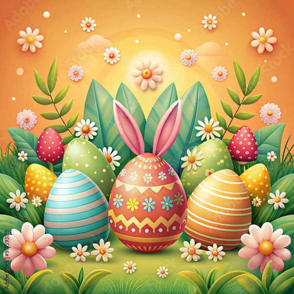 Fototapeta Easter eggs, adorned with various patterns and surrounded by  flowers