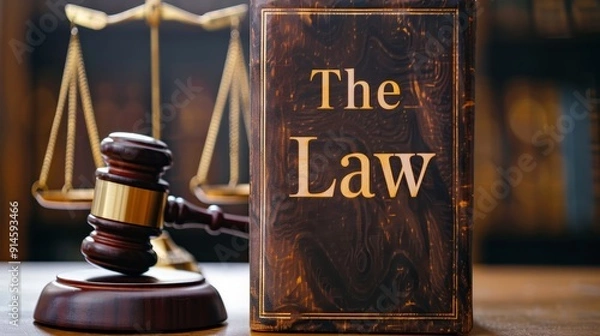 Fototapeta In courtroom, attorney, judge, and justice have gavel and law books. Attorney's hammer, notebook, and desk in truth, fairness, and human rights constitution.