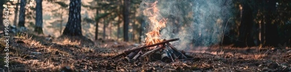Fototapeta Bonfire of branches and sticks with rising smoke in forest surrounded by pine trees Perfect outdoor scene for camping and adventure Ideal for hiking trips or overnight stays in the woods