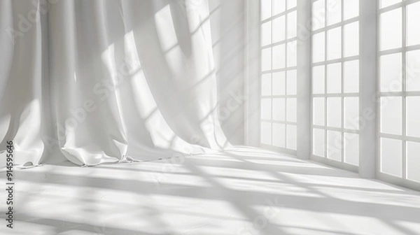 Fototapeta White studio backdrop for showcasing products with window shadows. Blurred background for product display.