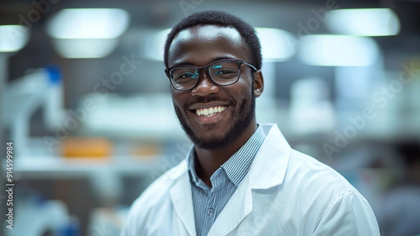 Fototapeta African Black Man Lab Technician - scientist, lab, man, smiling, glasses, white coat, laboratory, research, professional, healthcare, researcher, medical, scientist smiling, working
