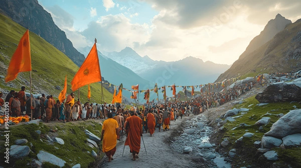 Obraz Vibrant scene of Hindu pilgrims trekking to Amarnath Cave with colorful flags and offerings