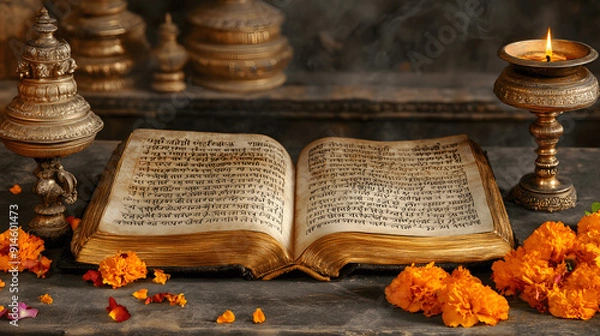 Fototapeta Open Vedas scripture with Sanskrit verses, lamps, and flowers