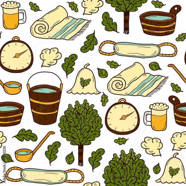 Fototapeta Vector seamless background with cartoon hand drawn sauna objects