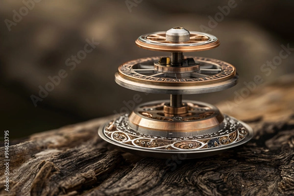 Fototapeta A beautifully crafted spinning top rotates elegantly on a weathered wooden surface, displaying intricate designs and a gleaming metallic finish