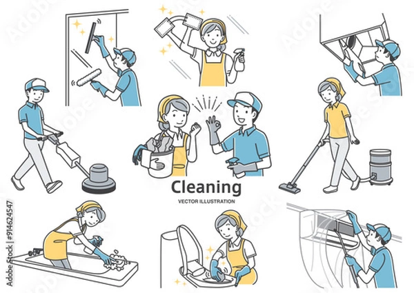 Obraz ハウスクリーニングのスタッフの男女のイラストパターン素材