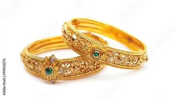 Fototapeta Two Gold Bangles with Intricate Designs and Green Gemstones