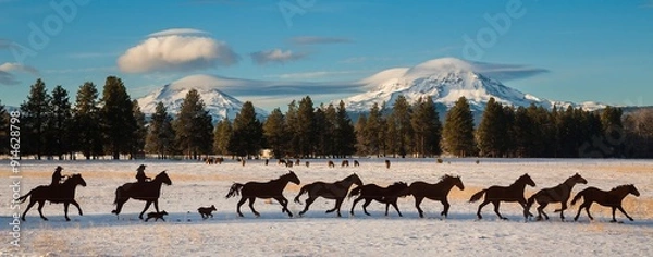 Fototapeta A metal scurpture of two cowboys and a string of horses with the three sisters mountains in background.