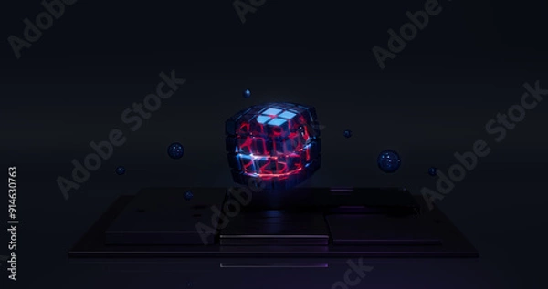Fototapeta An abstract technological glass cube, divided into many small, equal parts, glows with red light at the center, shining through the blue-tinted glass. The cube rests on dark black plates that reflect 
