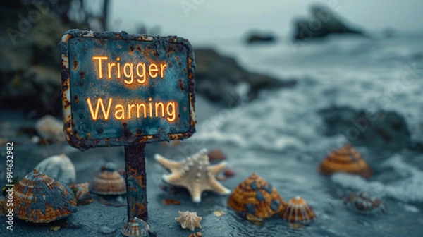 Fototapeta A rustic sign marked trigger warning stands amidst various seashells by the shoreline during twilight, suggesting caution in the serene coastal setting