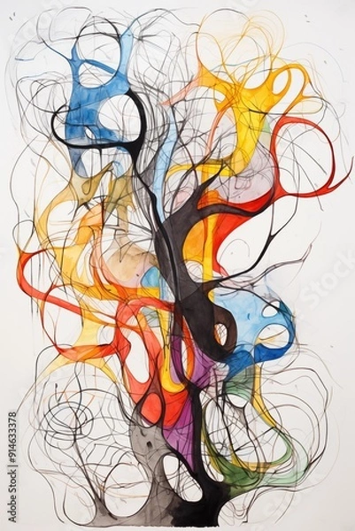 Fototapeta an abstract painting with a large central form that resembles a tree or a branching structure. It has a vibrant color palette, The painting has a dynamic and energetic feel, with the lines and shapes 