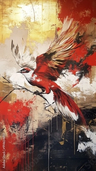 Fototapeta A vibrant abstract painting of a red bird in flight against a background of gold, black, and white splashes of paint.