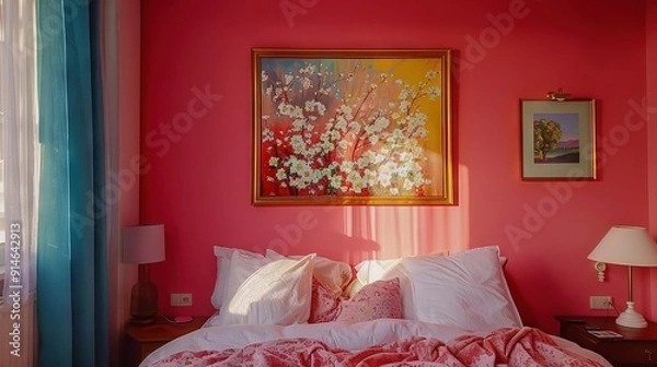 Obraz  Bedroom with artwork on wall, pink comforter, and pillows on bed