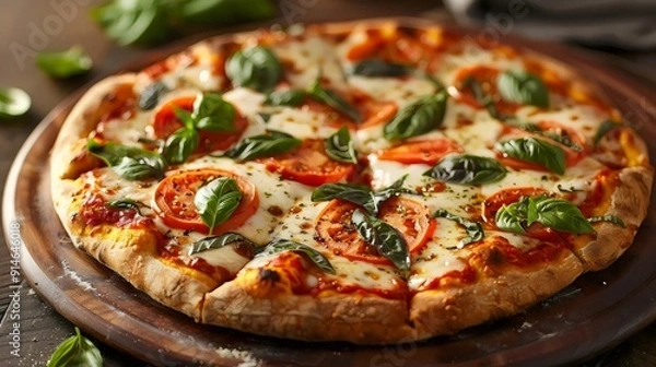 Fototapeta A pizza with basil and tomatoes on top