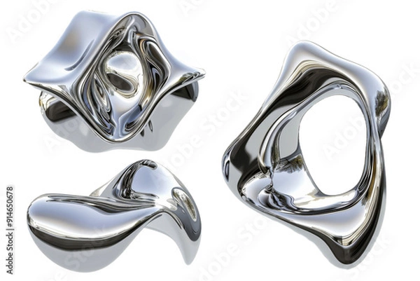 Obraz Y2K Melty chrome shapes isolated on transparent background. 3 Spilled liquid metal drops. Futuristic metallic puddles, abstract silver chrome shapes