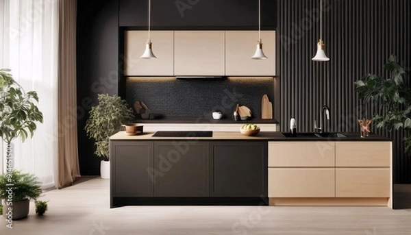Fototapeta Modern and minimalist kitchen interior with a combination of black and cream,generative ai