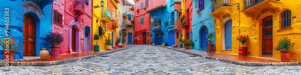 Fototapeta ancient town, colorful houses, impressionist palette knife oil painting, panorama view, architecture and street. Design for Wall Art, Poster Print, Wallpaper & Background
