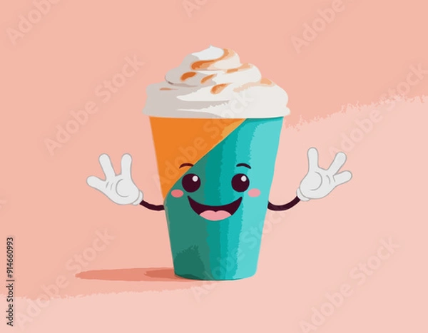 Fototapeta Coffee smiling paper cup cartoon character with hands and legs vector illustration in colorful style on light background