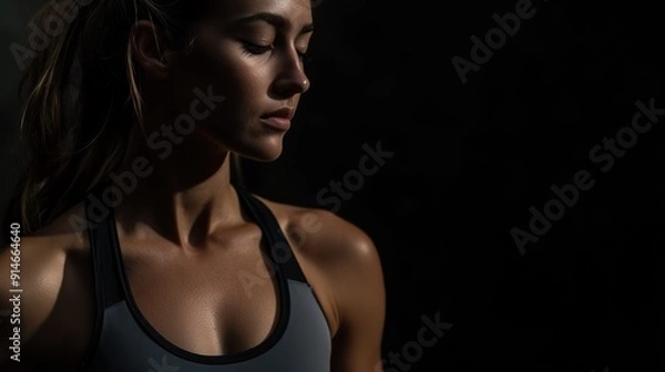 Fototapeta Moody portrait of a young Caucasian female athlete, illuminated by dramatic lighting in a dark setting, eyes closed in contemplation