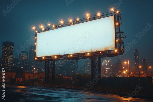 Fototapeta A blank white billboard with city lights in the background. The photo is taken from behind, showing an empty and large billboard on top of buildings at night. It has no text or images on it.