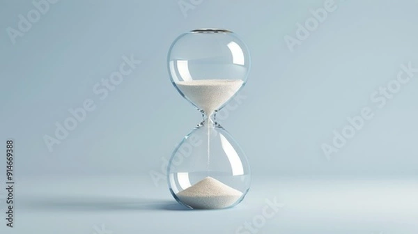 Fototapeta A glass hourglass with sand slowly running through the bottom bulb. The hourglass is isolated on a blue background.