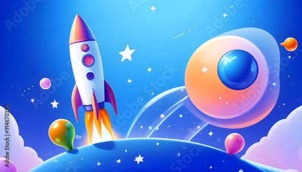 Fototapeta colorful cartoon rocket ship blasting off into a blue sky with stars 25