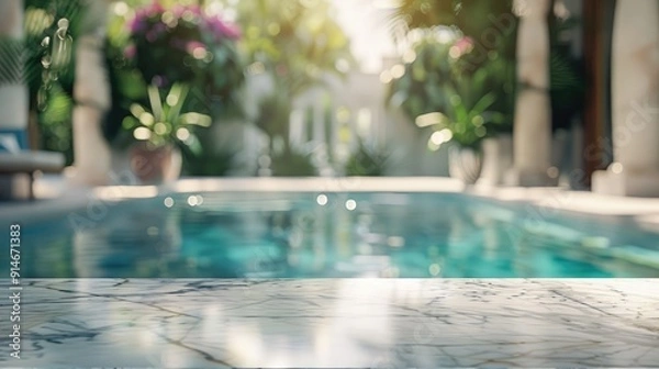 Fototapeta Marble table in elegant villa with blurred pool backdrop