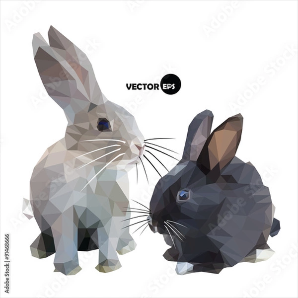 Fototapeta The hare and the rabbit black and white isolated on white background. Bunny and the cute Bunny is made in the style of vector polygon (abstract low-poly) illustration.