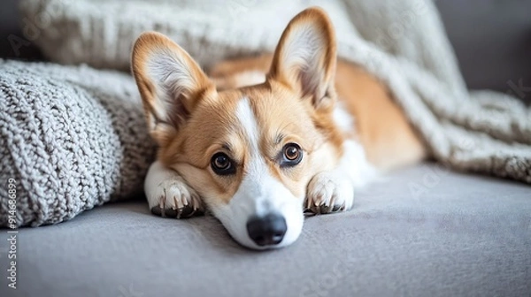 Fototapeta Attractive cute beautiful purebred corgi dog lying on sofa in living room on daytime Comfort Concept of animal life care pet friend lifestyle happiness vet grooming : Generative AI