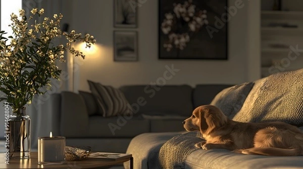 Obraz Cozy Living Room with Sleeping Dog on Comfortable Sofa
